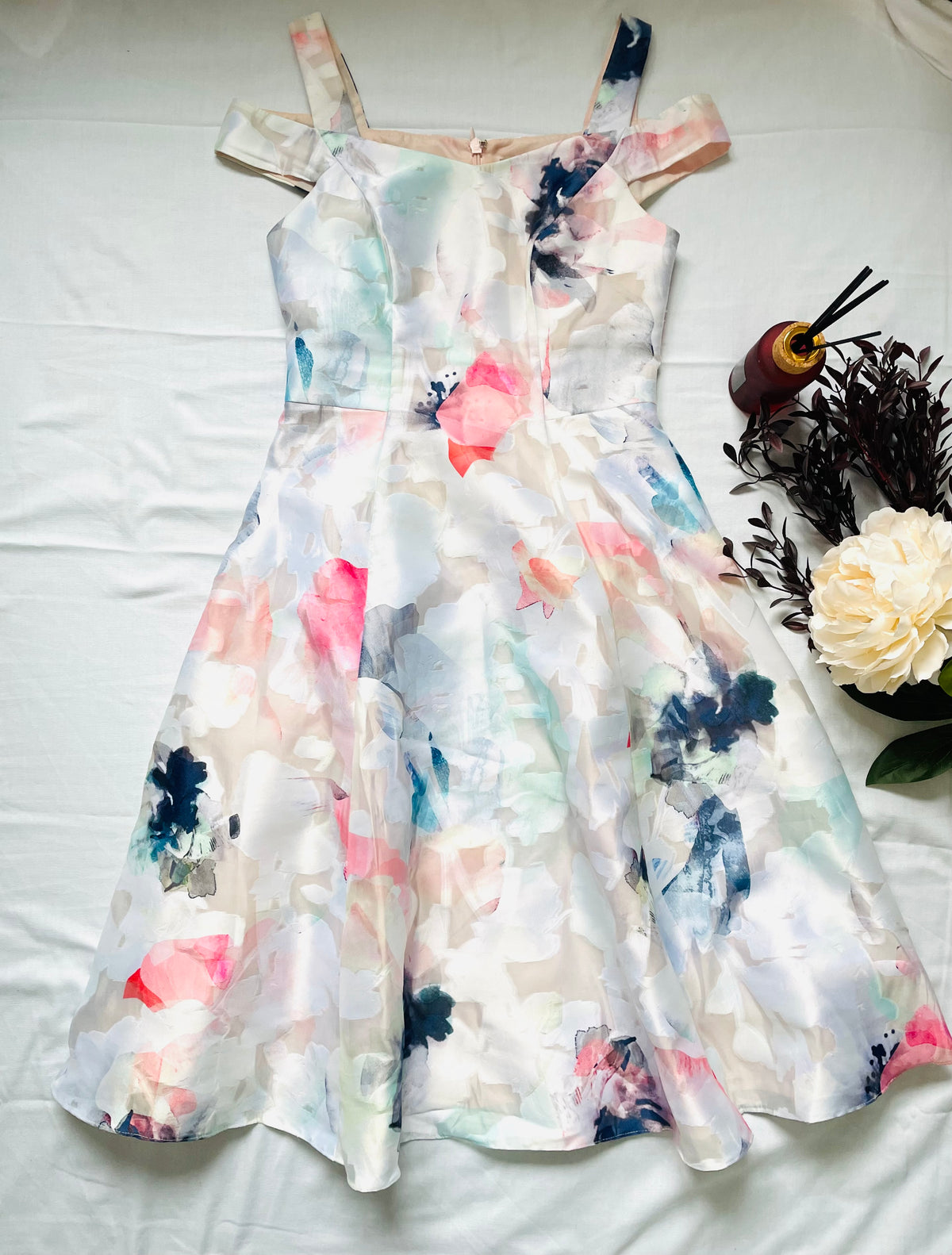 Blushing Meadow Cold-Shoulder Floral Midi Dress