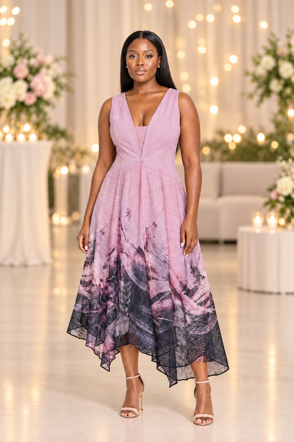 Brighter party portrait of the model in the mauve dress