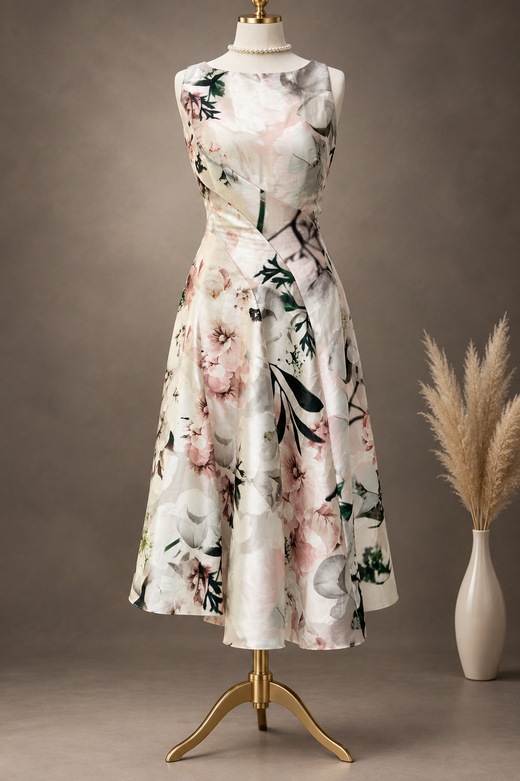 Ivory and blush floral satin midi, smoothed and restyled on a deeper luxury backdrop with the vase kept in scene