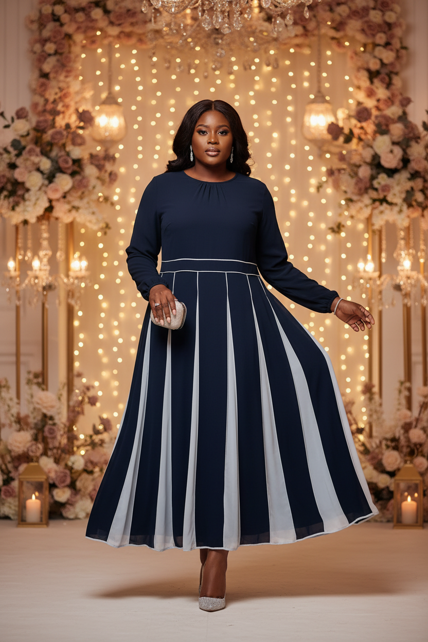 Navy Pleated Dress - Size 18
