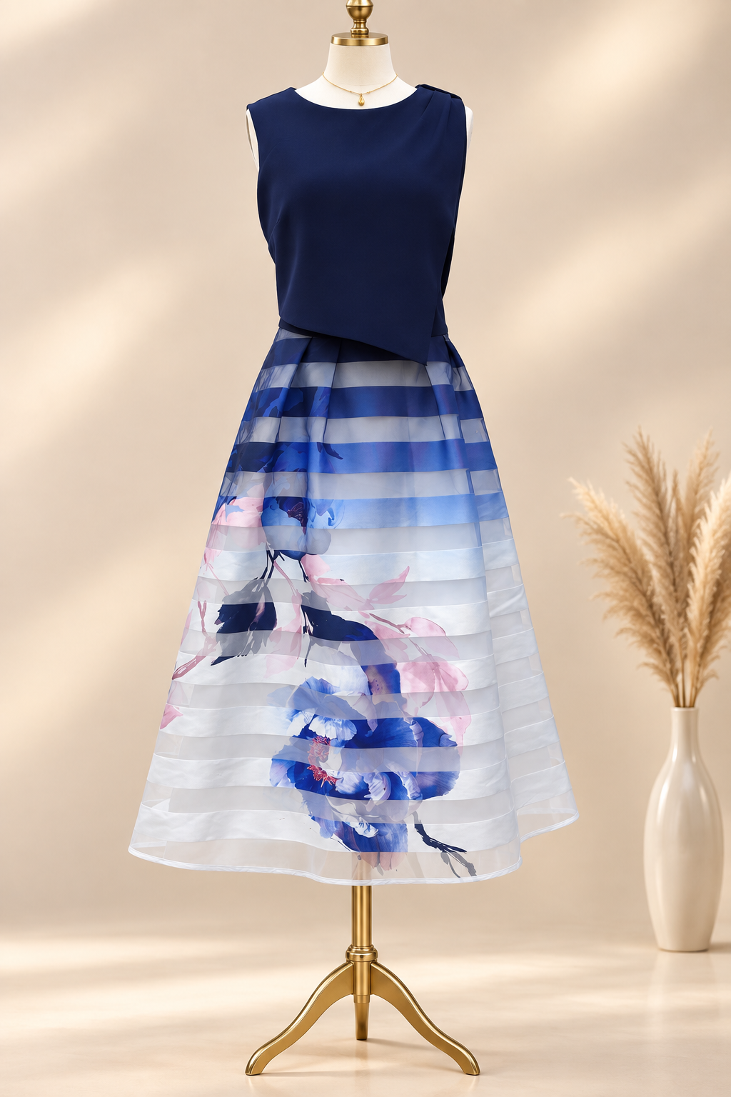 Navy top with sheer striped floral skirt, smoothed and restyled on a luxury stand with the vase kept in scene
